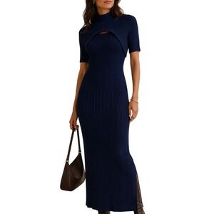 White House Black Market Navy‎ Blue Ribbed Knit Mock Neck Cutout Bodycon  Dress